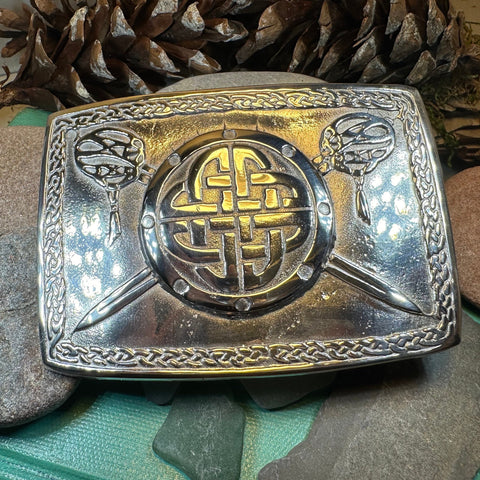 Load image into Gallery viewer, Celtic Kilt Belt Buckle, Scottish Belt Buckle, Pewter Buckle, Large Belt Buckle, Men's Celtic Gift, Irish Gift, Celtic Knot Buckle, Bagpiper
