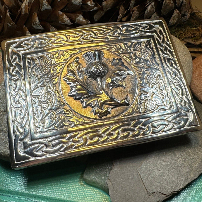 Celtic Kilt Belt Buckle, Scottish Belt Buckle, Pewter Thistle Buckle, Large Belt Buckle, Men's Celtic Gift, Celtic Knot Buckle, Bagpiper
