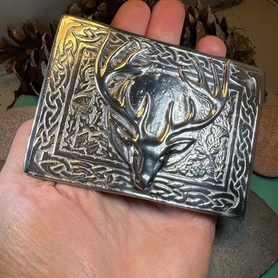 Celtic Kilt Belt Buckle, Scottish Belt Buckle, Pewter Stag Buckle, Large Belt Buckle, Men's Celtic Gift, Celtic Knot Buckle, Bagpiper