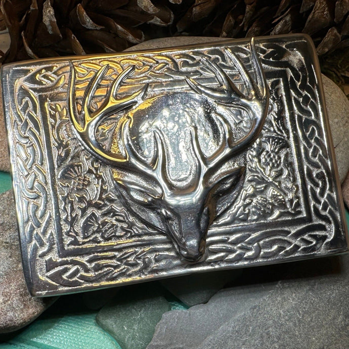 Celtic Kilt Belt Buckle, Scottish Belt Buckle, Pewter Stag Buckle, Large Belt Buckle, Men's Celtic Gift, Celtic Knot Buckle, Bagpiper