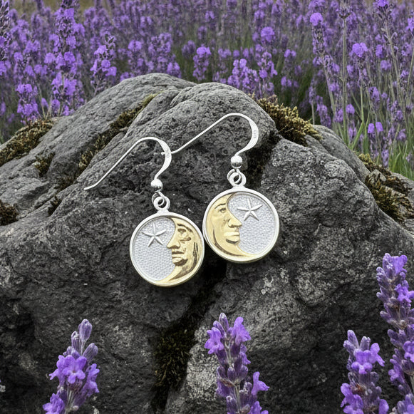 Moon Earrings, Celtic Jewelry, Celestial Jewelry, Crescent Moon Earrings, Full Moon Jewelry, Star Jewelry, Anniversary Gift, Gold Earrings