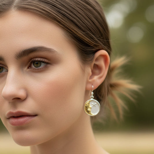 Moon Earrings, Celtic Jewelry, Celestial Jewelry, Crescent Moon Earrings, Full Moon Jewelry, Star Jewelry, Anniversary Gift, Gold Earrings