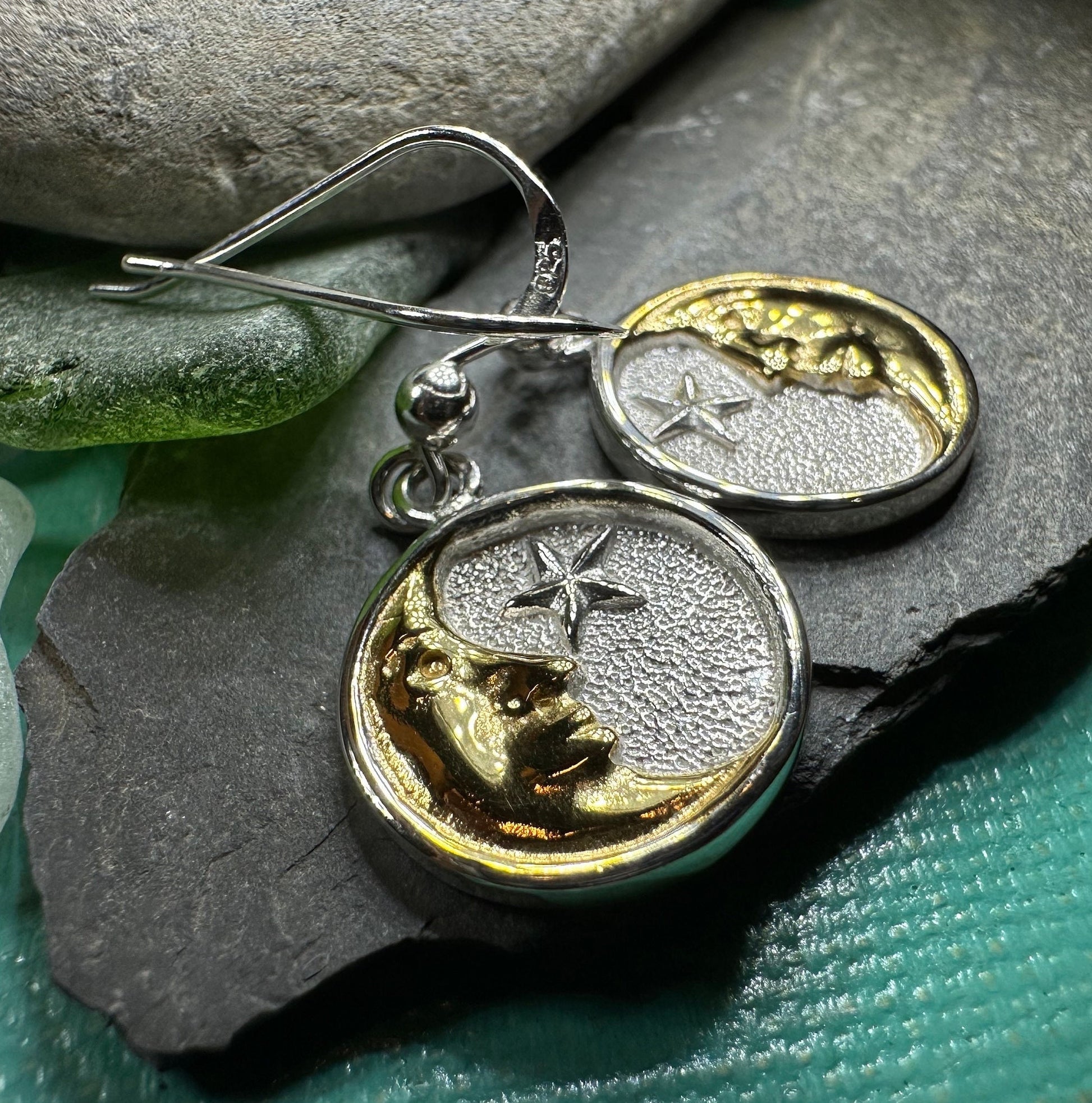 Moon Earrings, Celtic Jewelry, Celestial Jewelry, Crescent Moon Earrings, Full Moon Jewelry, Star Jewelry, Anniversary Gift, Gold Earrings