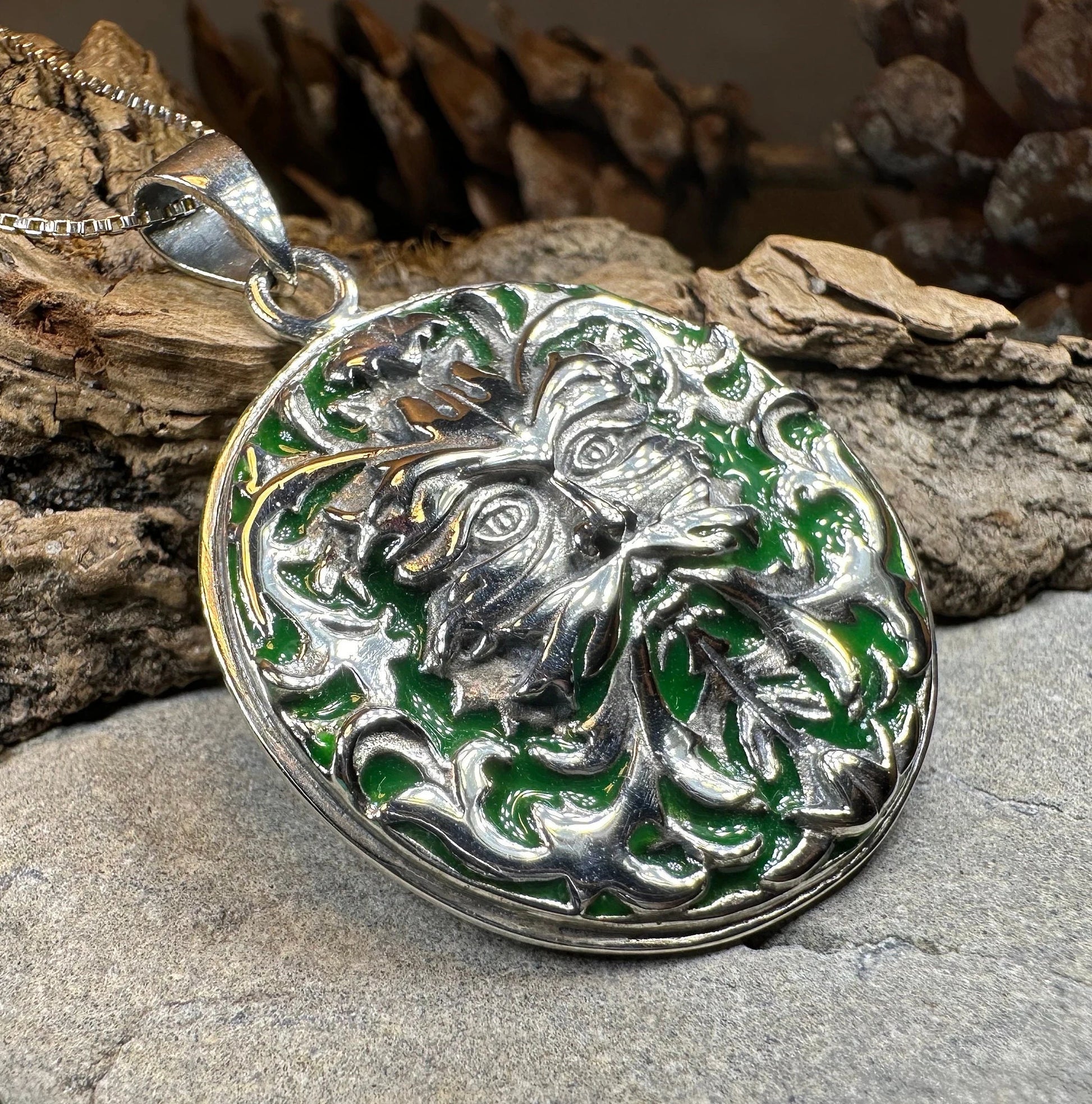 Black Forest Green Man Necklace in Sterling Silver — view 5