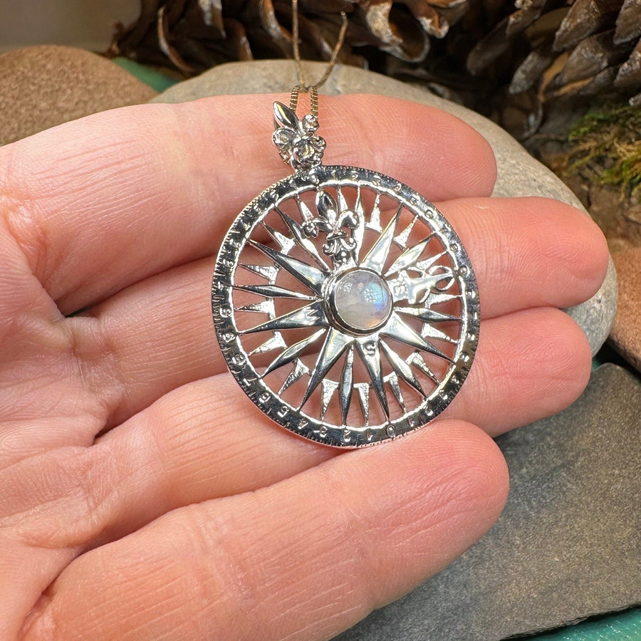 Compass Necklace, Celtic Pendant, Elven Star Jewelry, Moonstone, Anniversary Gift, Outlander Jewelry, Fluer De Lis Jewelry, True North
