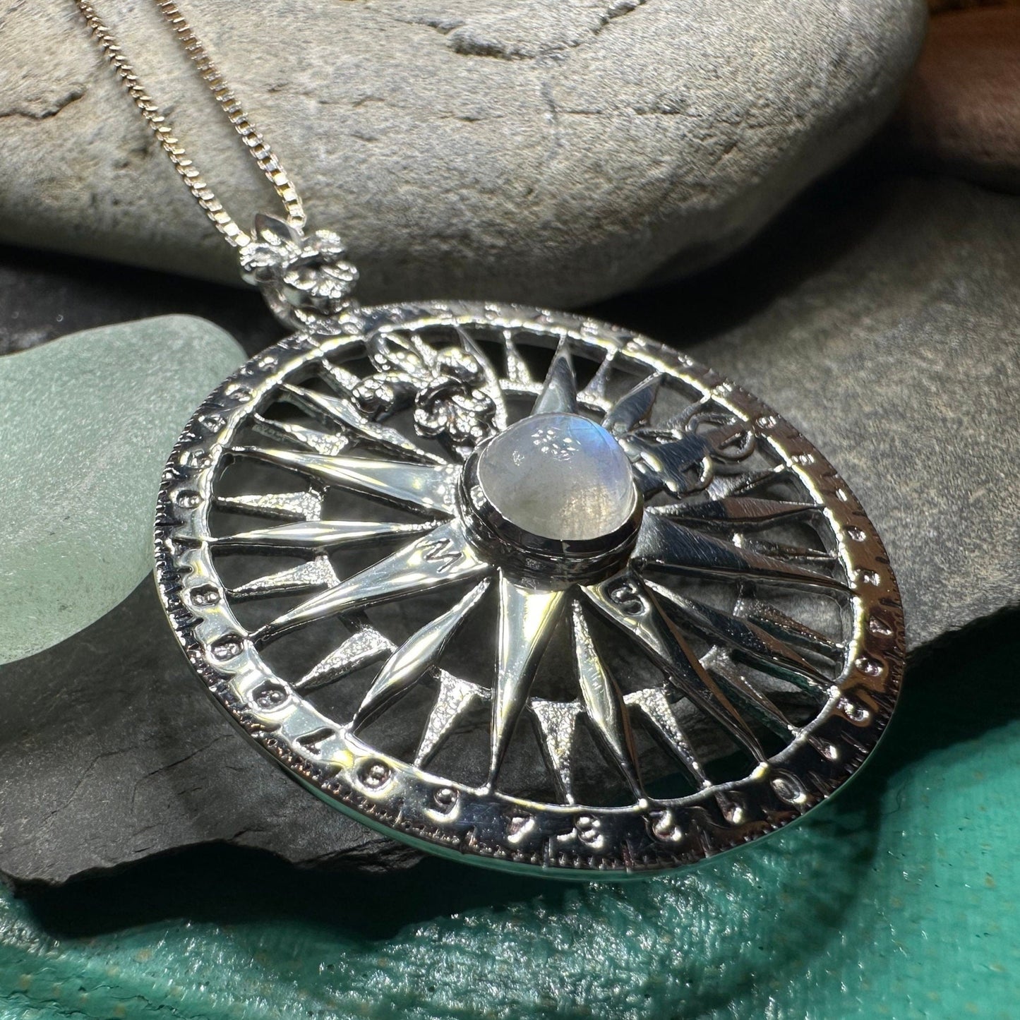 Compass Necklace, Celtic Pendant, Elven Star Jewelry, Moonstone, Anniversary Gift, Outlander Jewelry, Fluer De Lis Jewelry, True North