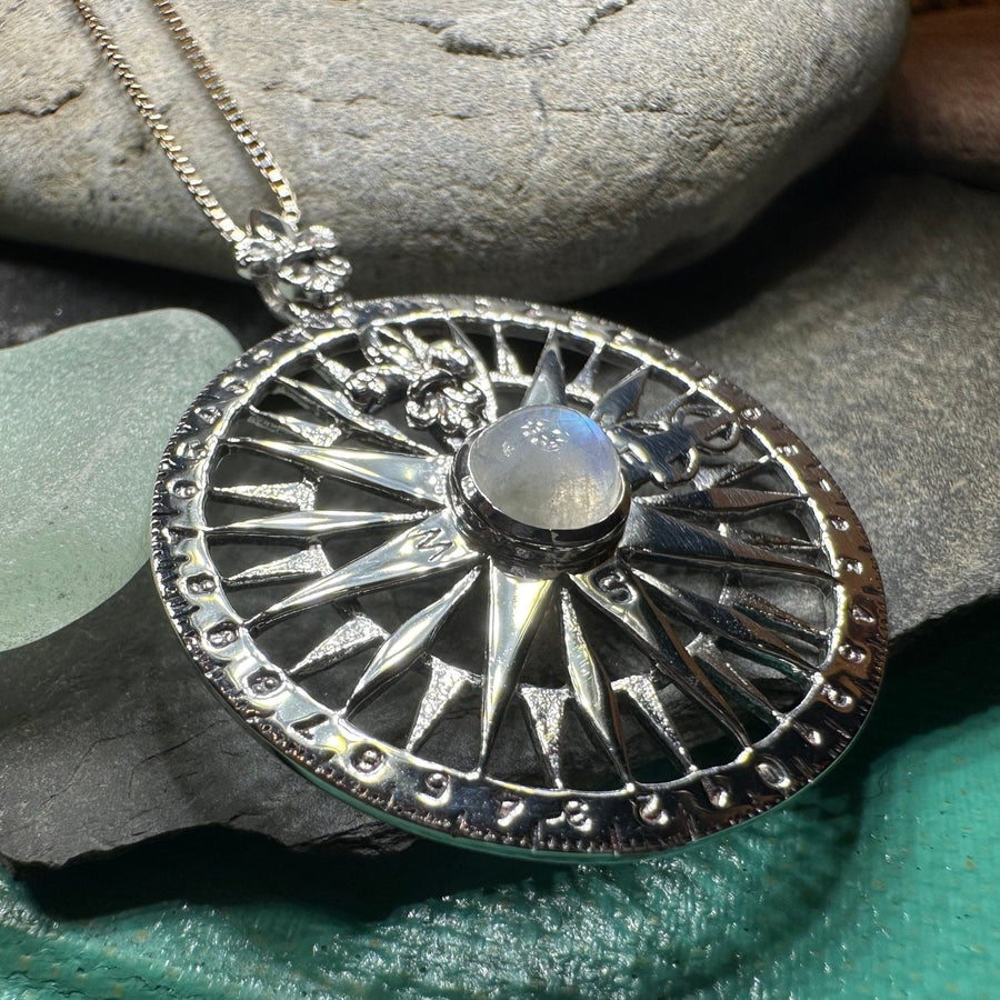 Compass Necklace, Celtic Pendant, Elven Star Jewelry, Moonstone, Anniversary Gift, Outlander Jewelry, Fluer De Lis Jewelry, True North