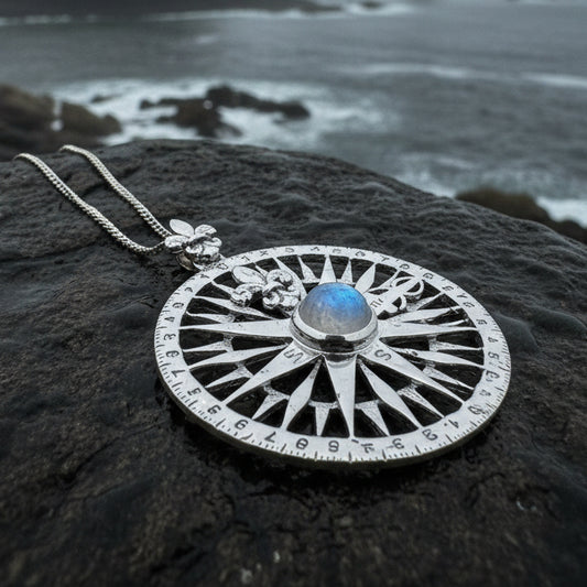 Compass Necklace, Celtic Pendant, Elven Star Jewelry, Moonstone, Anniversary Gift, Outlander Jewelry, Fluer De Lis Jewelry, True North