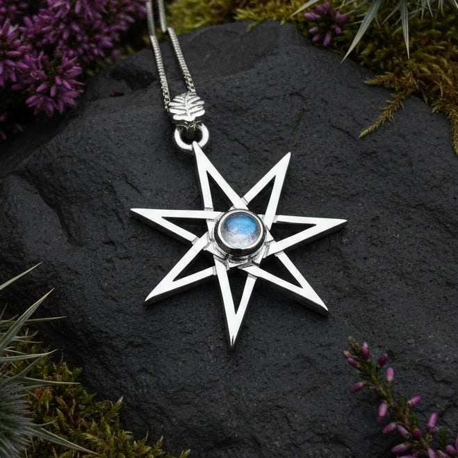 Elven Star Necklace, Seven Pointed Star Necklace, Celestial Pendant, Wiccan Jewelry, Moonstone Pendant, Pagan Jewelry, Oak Leaf, Mystical