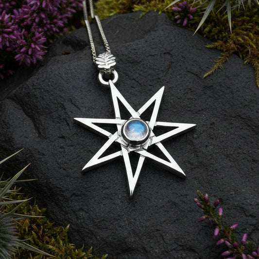 Elven Star Necklace, Seven Pointed Star Necklace, Celestial Pendant, Wiccan Jewelry, Moonstone Pendant, Pagan Jewelry, Oak Leaf, Mystical