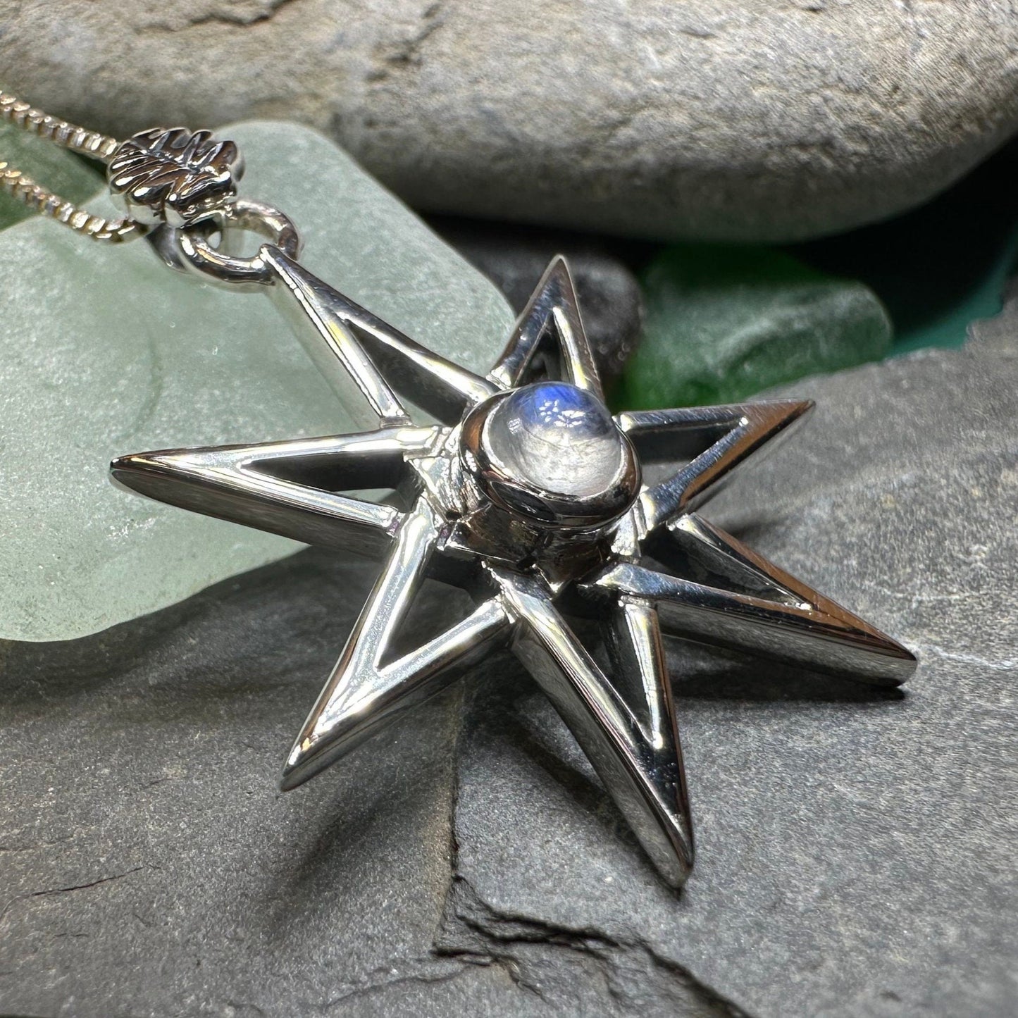 Elven Star Necklace, Seven Pointed Star Necklace, Celestial Pendant, Wiccan Jewelry, Moonstone Pendant, Pagan Jewelry, Oak Leaf, Mystical