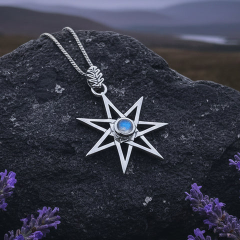 Load image into Gallery viewer, Elven Star Necklace, Seven Pointed Star Necklace, Celestial Pendant, Wiccan Jewelry, Moonstone Pendant, Pagan Jewelry, Oak Leaf, Mystical
