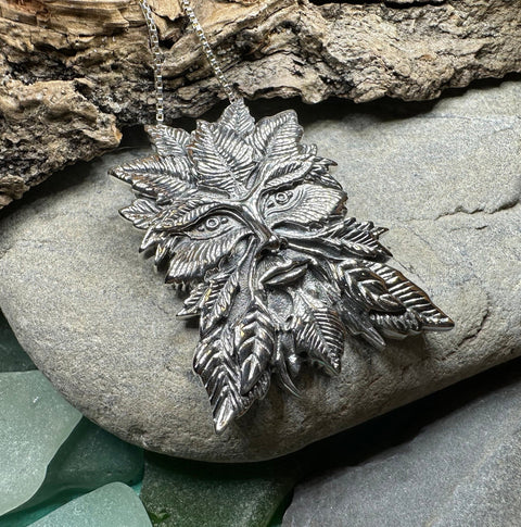 Load image into Gallery viewer, Green Man Necklace, Celtic Jewelry, Large Pagan Pendant, Irish Jewelry, Nature Jewelry, Wiccan Jewelry, Nature Lover Gift, God of the Forest
