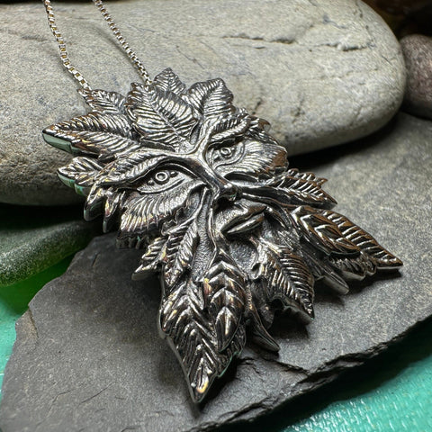 Load image into Gallery viewer, Green Man Necklace, Celtic Jewelry, Large Pagan Pendant, Irish Jewelry, Nature Jewelry, Wiccan Jewelry, Nature Lover Gift, God of the Forest
