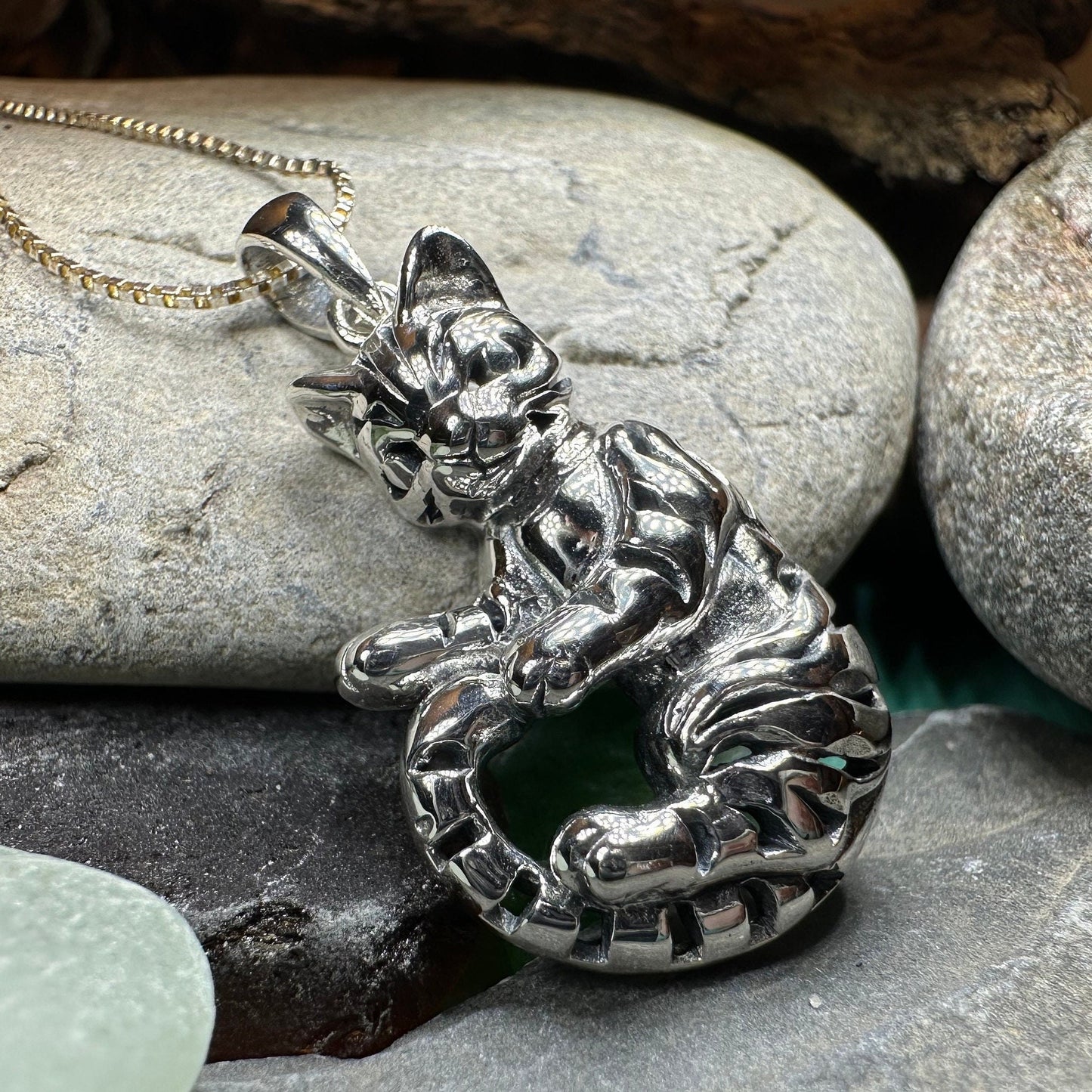 Playful Tabby Cat Necklace in Sterling Silver — view 3
