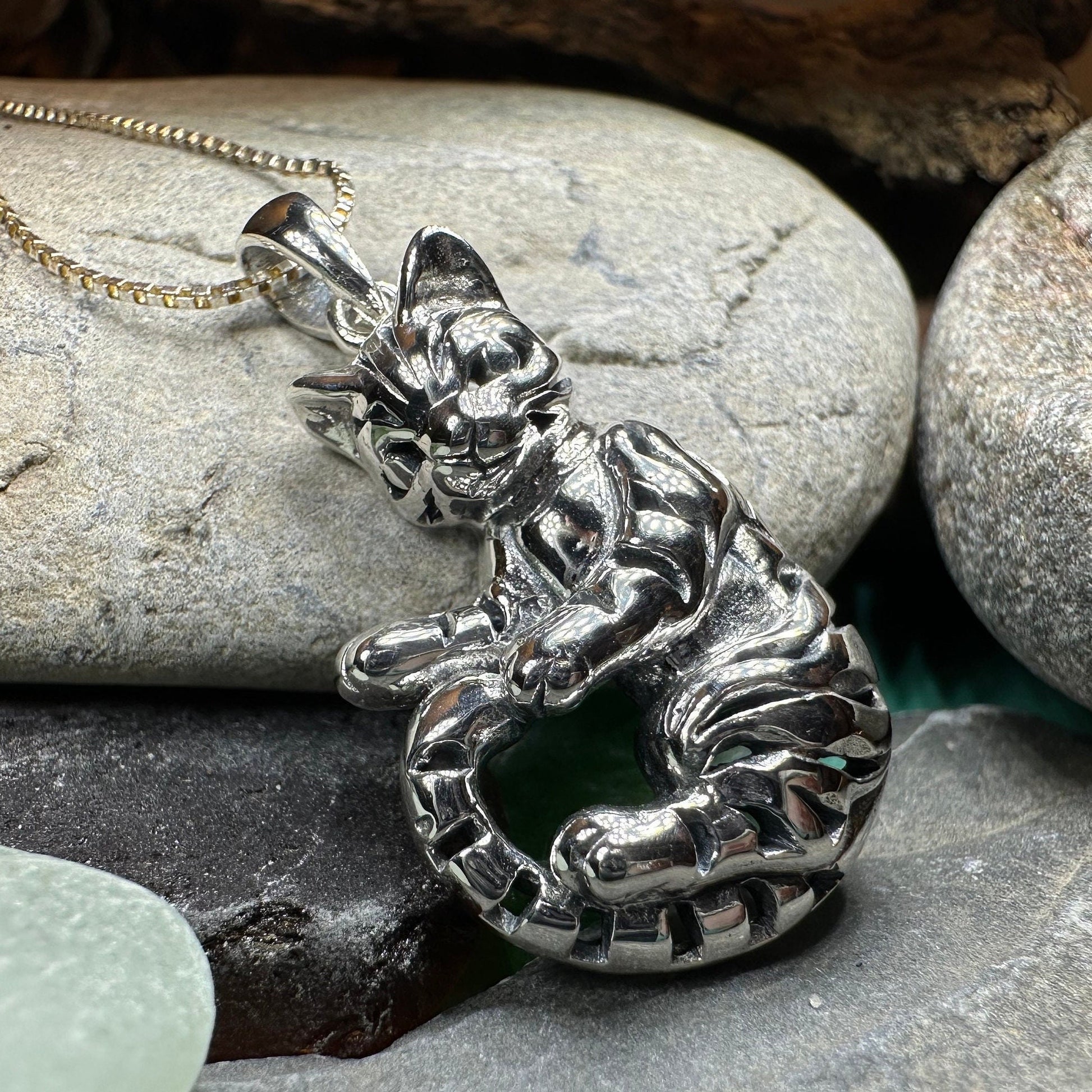Playful Tabby Cat Necklace in Sterling Silver — view 3