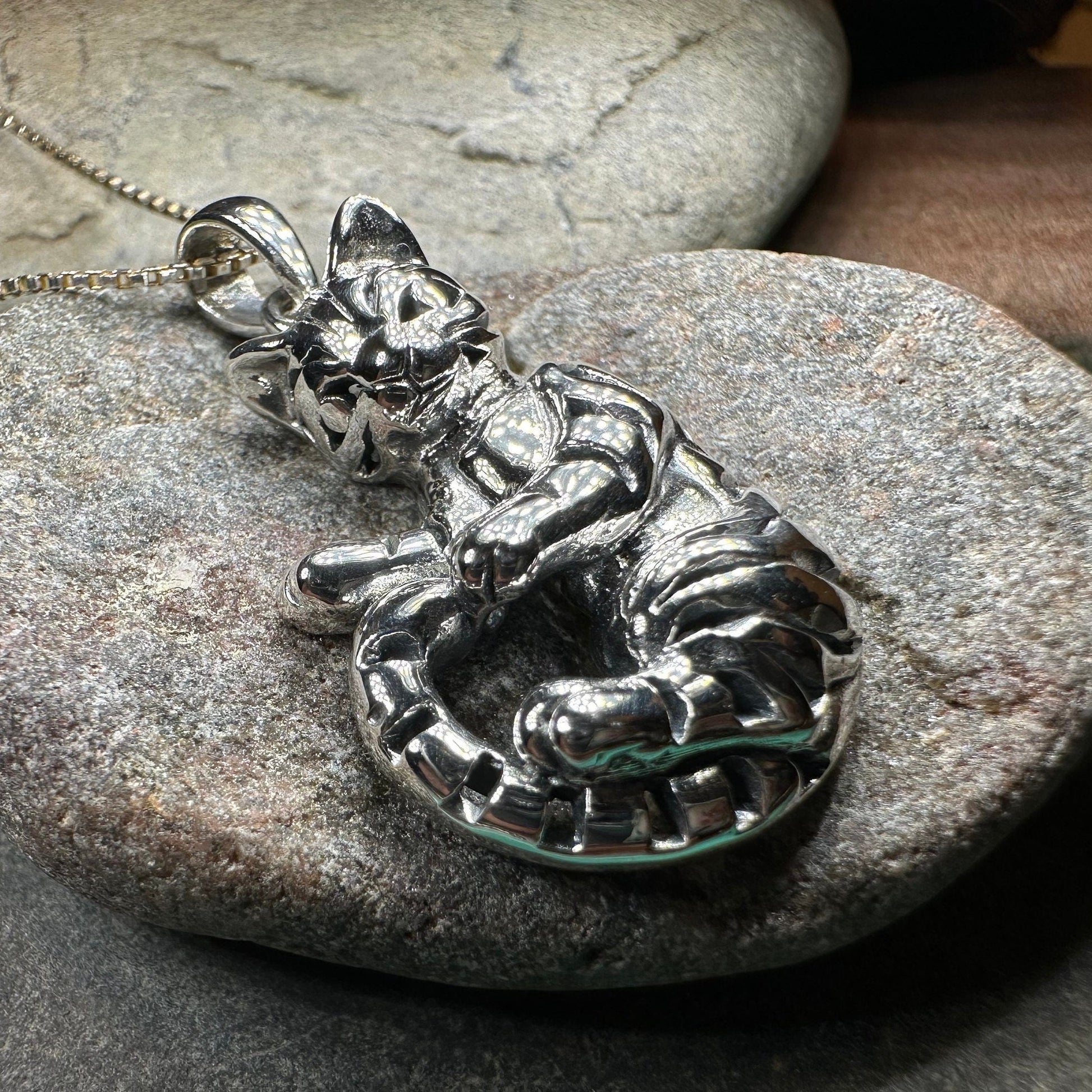 Playful Tabby Cat Necklace in Sterling Silver — view 9