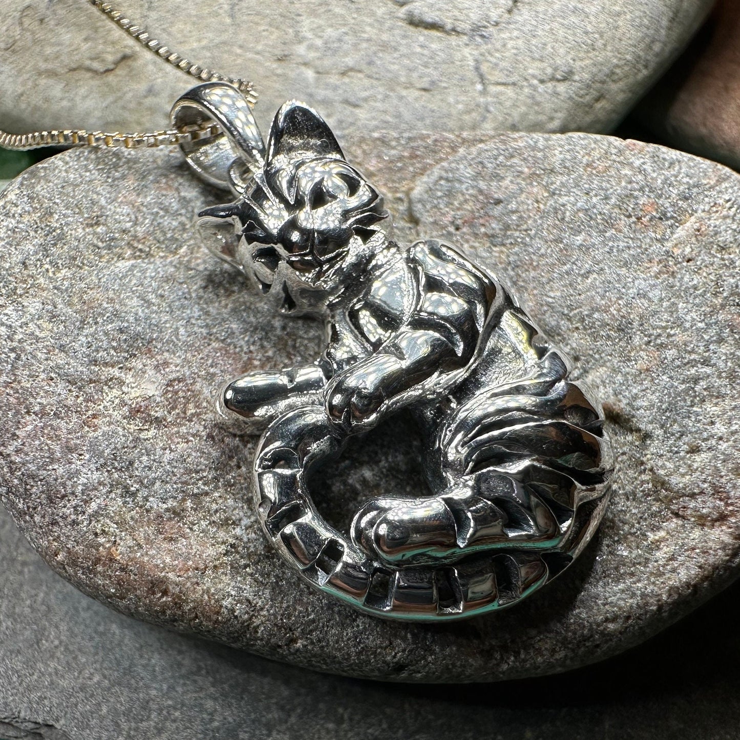 Playful Tabby Cat Necklace in Sterling Silver — view 5