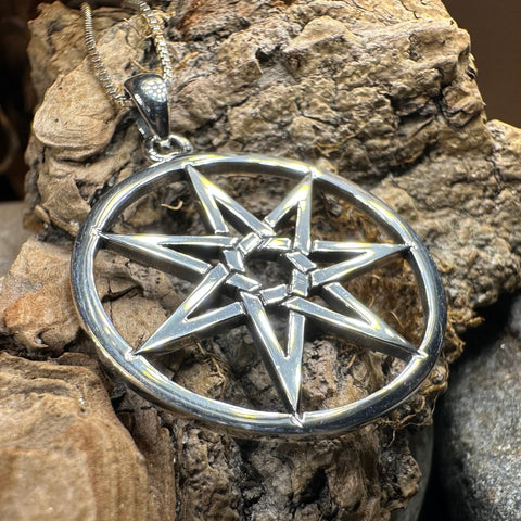 Load image into Gallery viewer, Elven Star Necklace, Seven Pointed Star Necklace, Celestial Pendant, Wiccan Jewelry, Witch Pendant, Pagan Jewelry, Oak Leaf, Mystical
