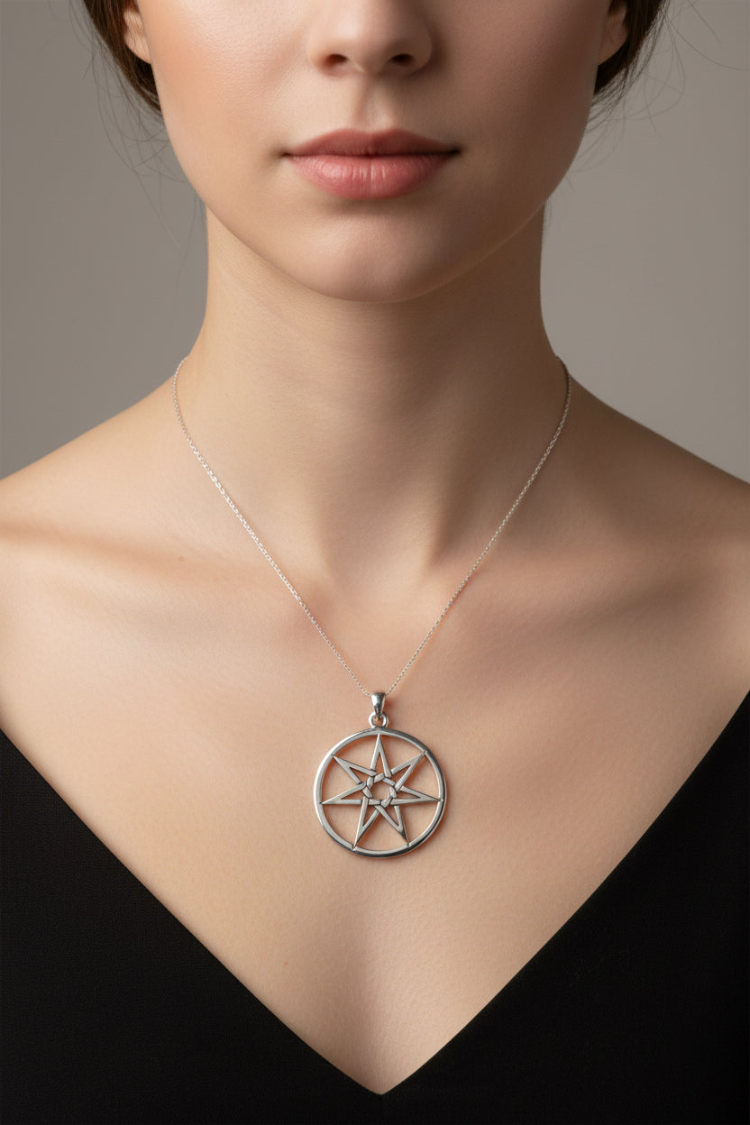 Elven Star Necklace, Seven Pointed Star Necklace, Celestial Pendant, Wiccan Jewelry, Witch Pendant, Pagan Jewelry, Oak Leaf, Mystical