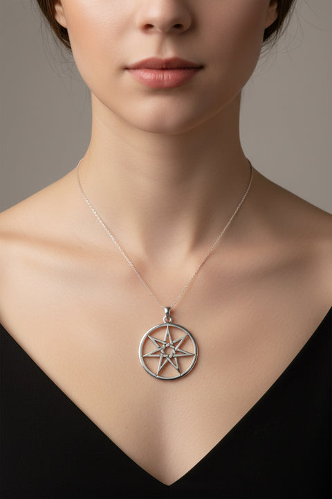 Load image into Gallery viewer, Elven Star Necklace, Seven Pointed Star Necklace, Celestial Pendant, Wiccan Jewelry, Witch Pendant, Pagan Jewelry, Oak Leaf, Mystical
