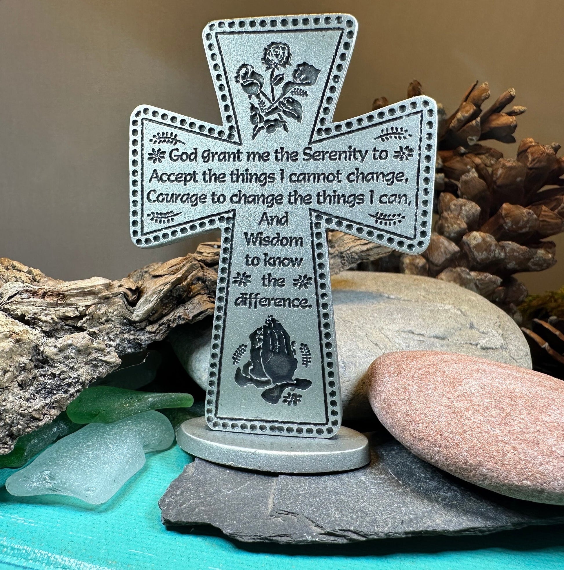 Serenity Prayer Standing Cross, Christian Gift, Pewter Celtic Cross, Blessing Gift, Recovery Religious Prayer, AA Sobriety Anniversary Gift
