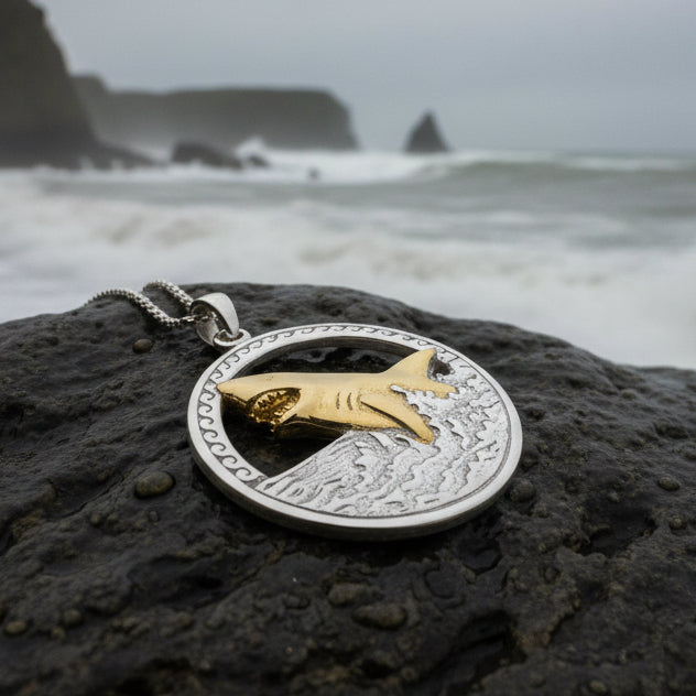 Great White Shark Necklace, Men's Beach Jewelry, Ocean Pendant, Surfer Gift, Fish Jewelry, Gold Jewelry, Large Silver Pendant, Nautical Gift
