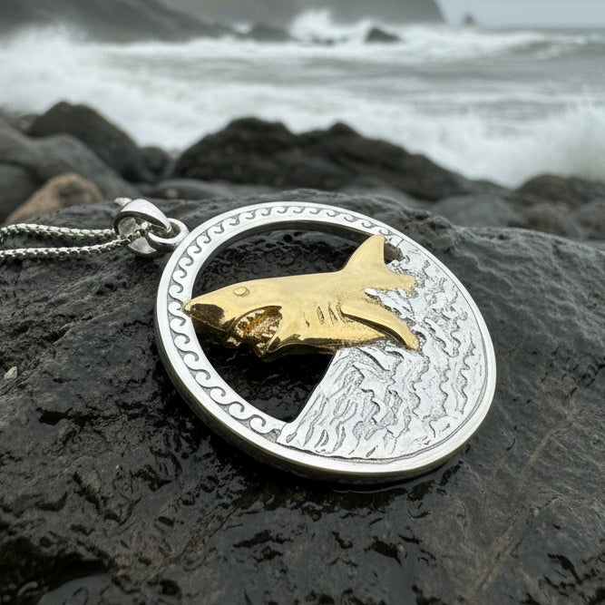 Great White Shark Necklace, Men's Beach Jewelry, Ocean Pendant, Surfer Gift, Fish Jewelry, Gold Jewelry, Large Silver Pendant, Nautical Gift