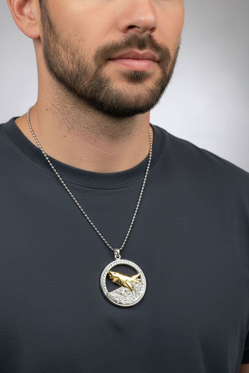 Great White Shark Necklace, Men's Beach Jewelry, Ocean Pendant, Surfer Gift, Fish Jewelry, Gold Jewelry, Large Silver Pendant, Nautical Gift