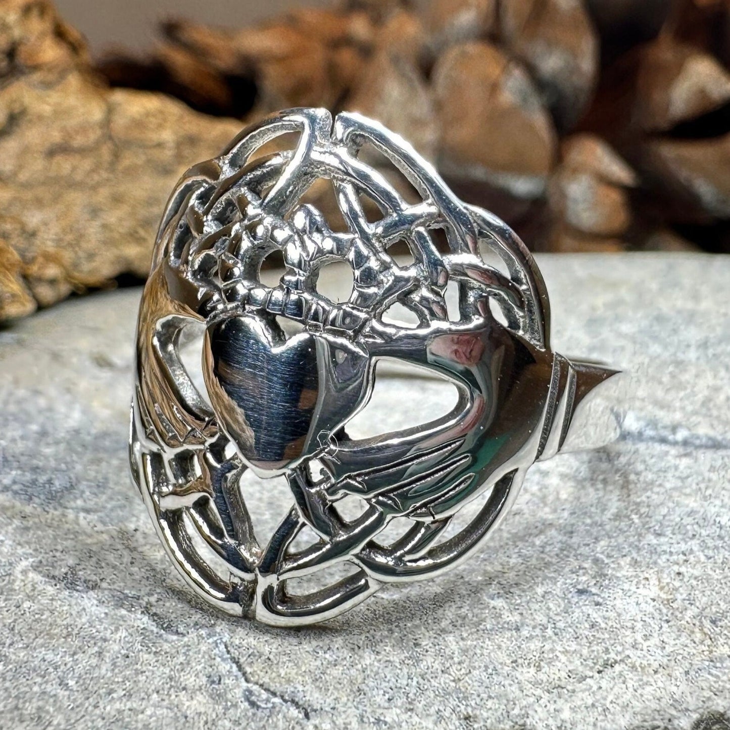 Irish Lace Claddagh Ring in Sterling Silver — view 3