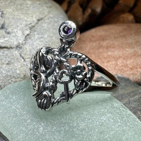 Load image into Gallery viewer, Cimaruta Ring, Italian Ring, Wiccan Jewelry, Celtic Jewelry, Pagan Ring, Witch Gift, Protection Charm, Pagan Ring, Amethyst Wiccan Ring
