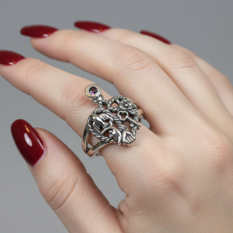 Load image into Gallery viewer, Cimaruta Ring, Italian Ring, Wiccan Jewelry, Celtic Jewelry, Pagan Ring, Witch Gift, Protection Charm, Pagan Ring, Amethyst Wiccan Ring
