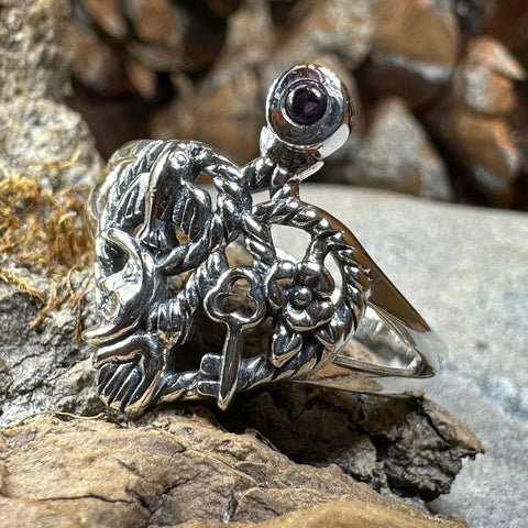 Load image into Gallery viewer, Cimaruta Ring, Italian Ring, Wiccan Jewelry, Celtic Jewelry, Pagan Ring, Witch Gift, Protection Charm, Pagan Ring, Amethyst Wiccan Ring

