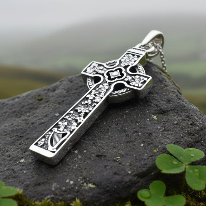 Celtic Cross Necklace, Irish Jewelry, Harp Pendant, Ireland Cross Pendant, Shamrock Jewelry, First Communion Gift, Girls Confirmation Gift