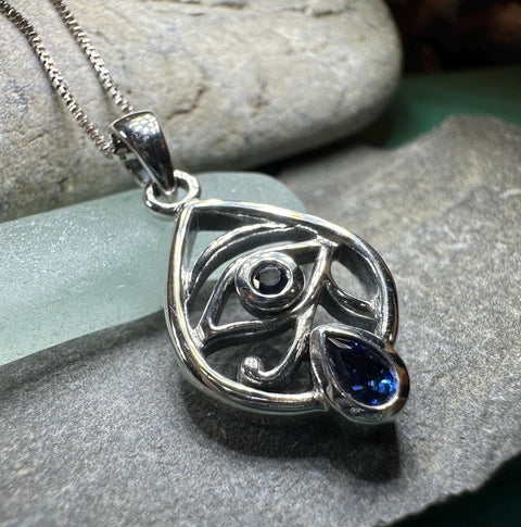 Load image into Gallery viewer, Eye of Horus Necklace, Egyptian Eye Pendant, Mystical Amulet, Egyptian Symbol, Sapphire Jewelry, Cancer Survivor Gift, Recovery Gift
