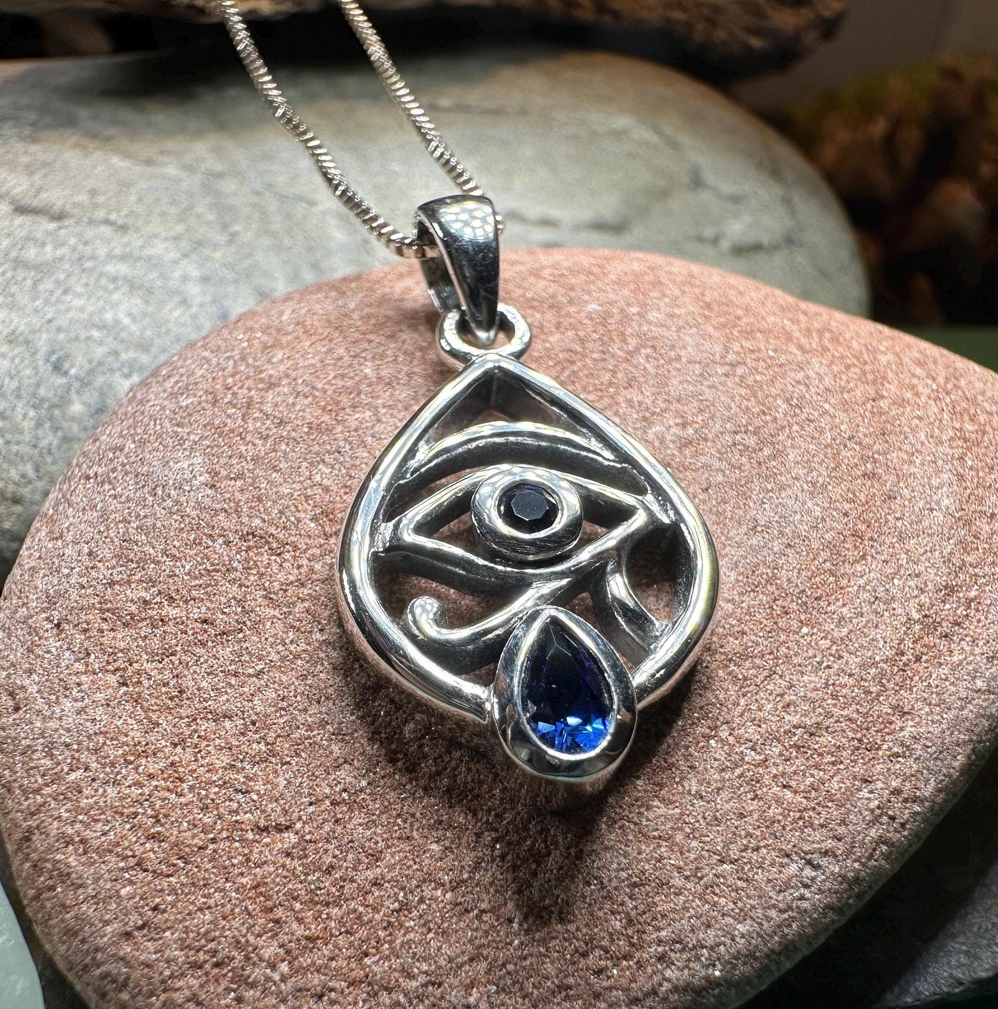 Eye of Horus Necklace, Egyptian Eye Pendant, Mystical Amulet, Egyptian Symbol, Sapphire Jewelry, Cancer Survivor Gift, Recovery Gift