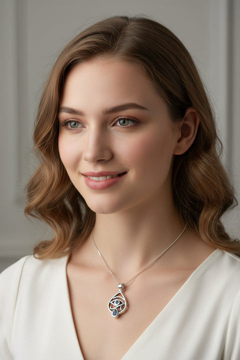 Load image into Gallery viewer, Eye of Horus Necklace, Egyptian Eye Pendant, Mystical Amulet, Egyptian Symbol, Sapphire Jewelry, Cancer Survivor Gift, Recovery Gift

