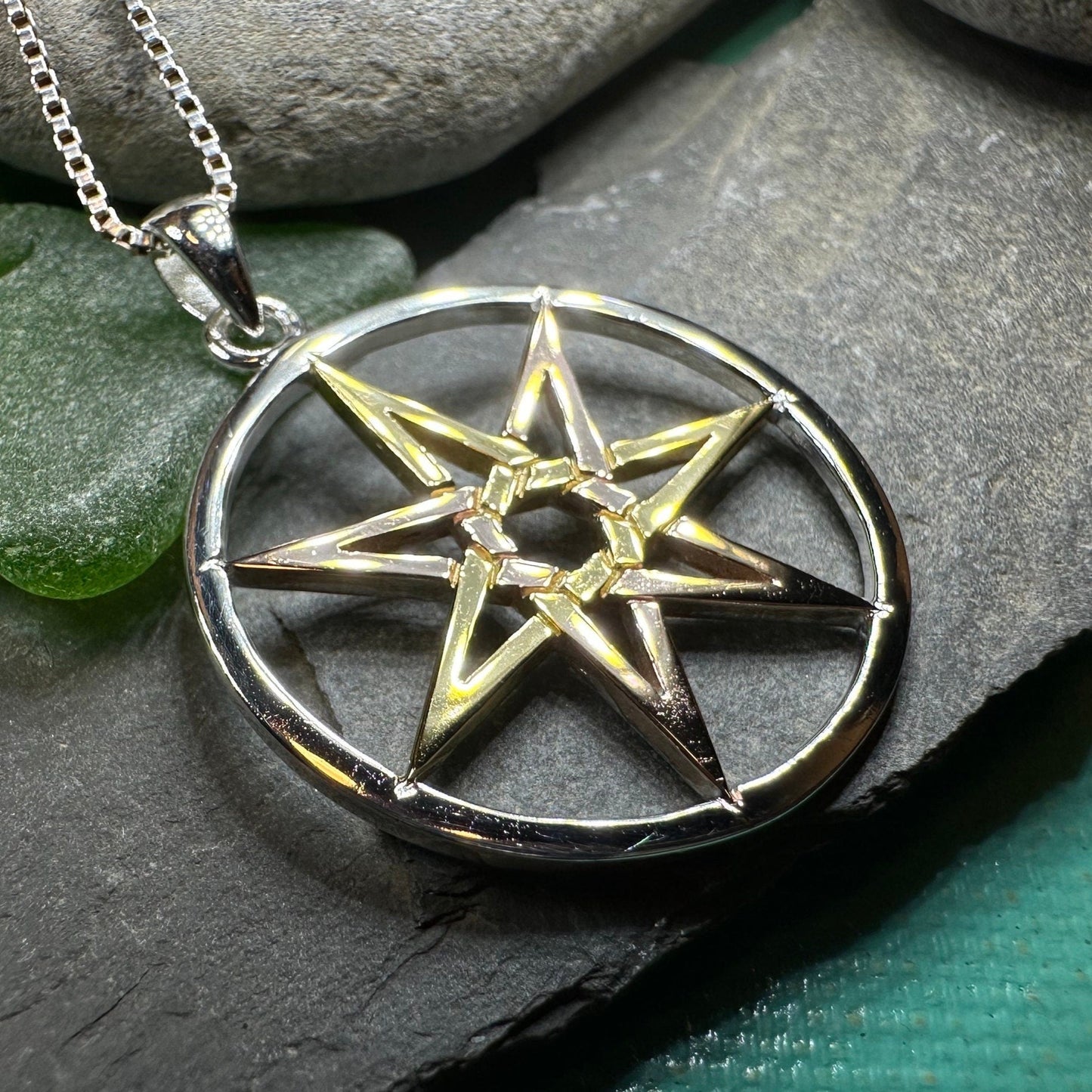 Elven Star Necklace, Seven Pointed Star Necklace, Celestial Pendant, Wiccan Jewelry, Moonstone Pendant, Pagan Jewelry, Oak Leaf, Mystical