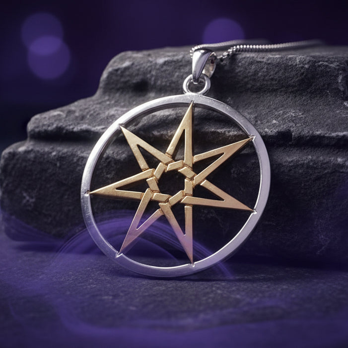 Elven Star Necklace, Seven Pointed Star Necklace, Celestial Pendant, Wiccan Jewelry, Moonstone Pendant, Pagan Jewelry, Oak Leaf, Mystical