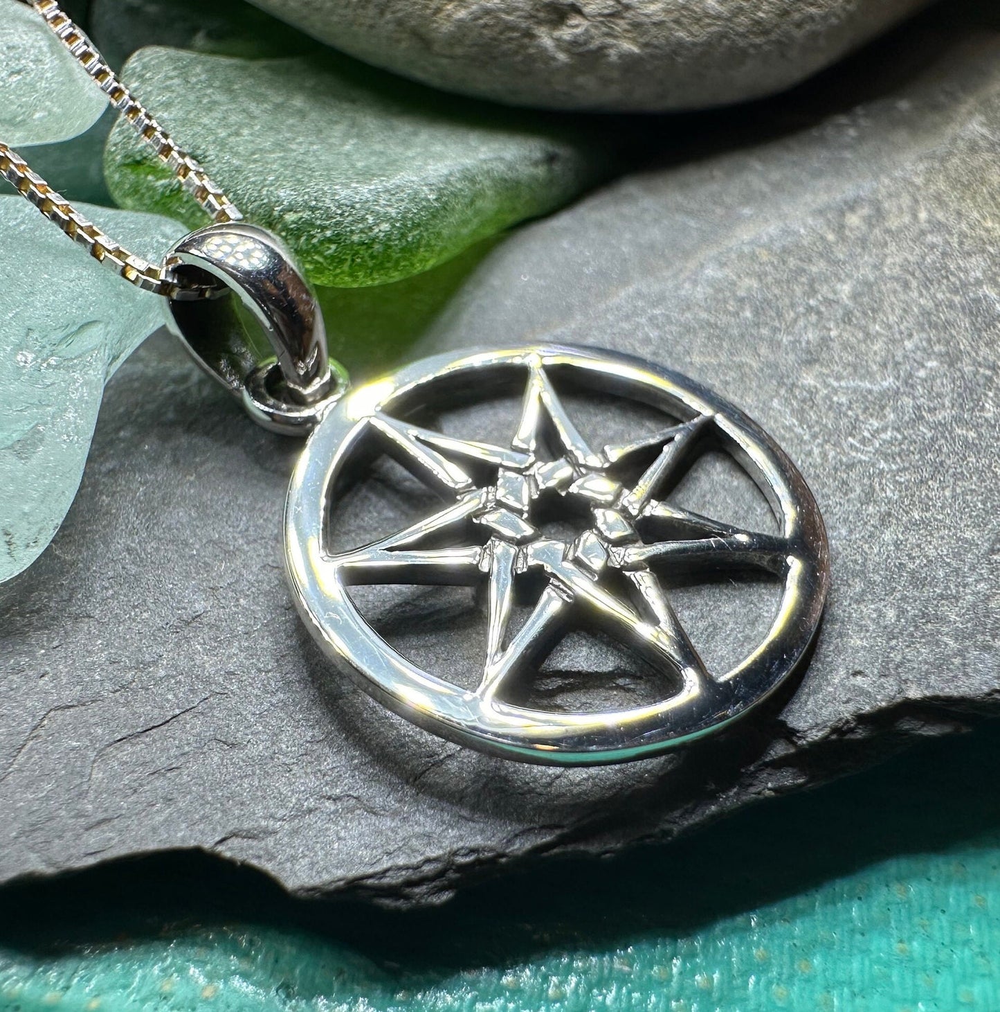 Petite Elven Star Necklace, Seven Pointed Star Necklace, Celestial Pendant, Wiccan Jewelry, Witch Pendant, Pagan Jewelry, Oak Leaf, Mystical