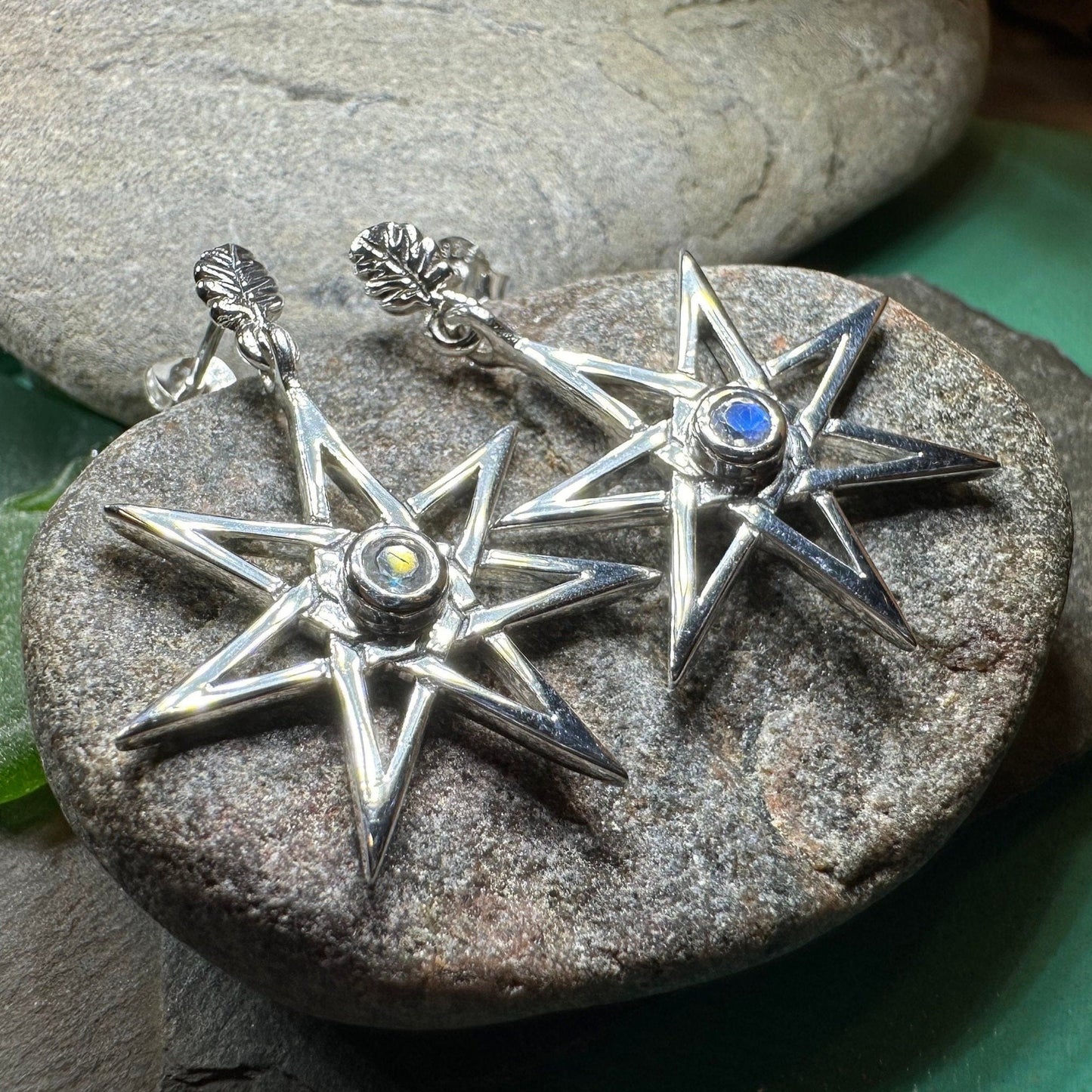 Elven Star Moonstone Earrings in Sterling Silver — view 2