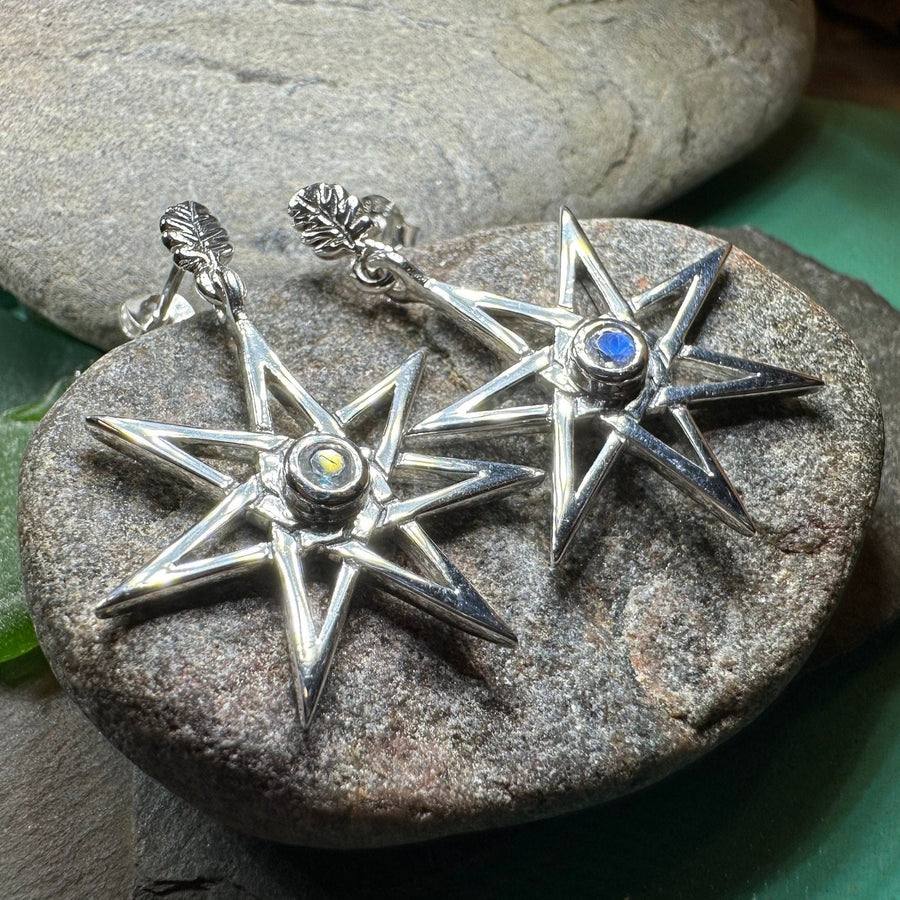 Elven Star Earrings, Seven Pointed Star Jewelry, Celestial Post Earrings, Wiccan Jewelry, Moonstone Jewelry, Pagan Jewelry, Oak Leaf Gift