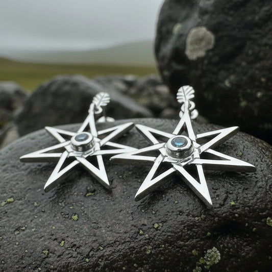 Elven Star Earrings, Seven Pointed Star Jewelry, Celestial Post Earrings, Wiccan Jewelry, Moonstone Jewelry, Pagan Jewelry, Oak Leaf Gift