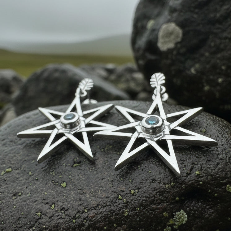 Elven Star Earrings, Seven Pointed Star Jewelry, Celestial Post Earrings, Wiccan Jewelry, Moonstone Jewelry, Pagan Jewelry, Oak Leaf Gift