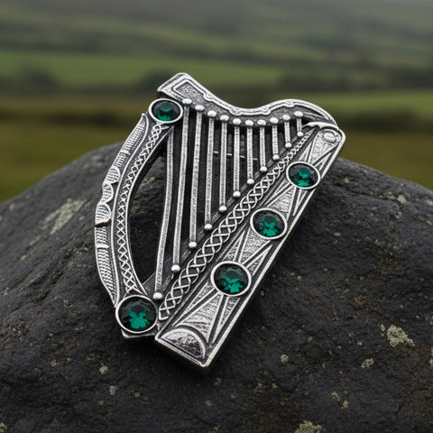 Load image into Gallery viewer, Celtic Harp Brooch, Celtic Pin, Irish Harp Jewelry, Irish Dance, Celtic Harp, Irish Gift, Mom Gift, Saint Patrick's Day, Green Ireland Pin
