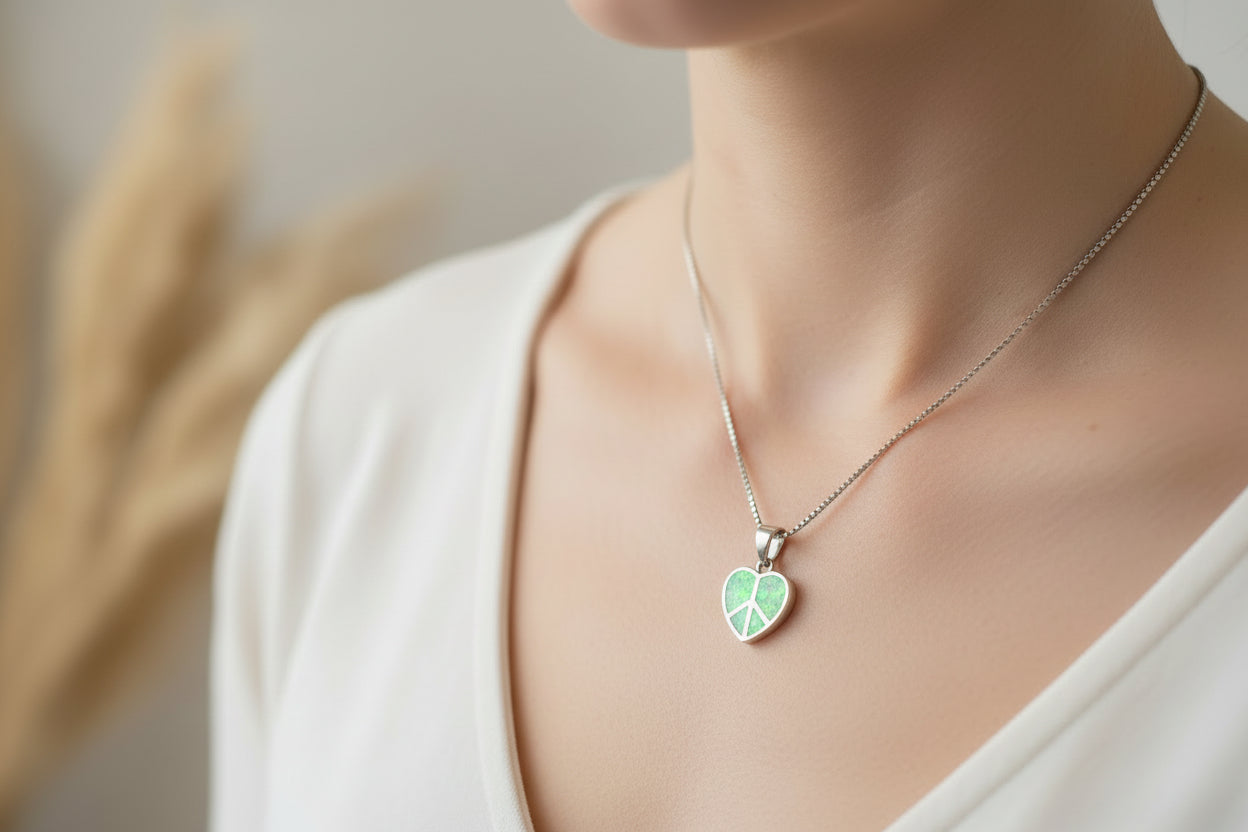 Peace Sign Necklace, Opal Jewelry, Heart Pendant, Hippie Jewelry, Yoga Gift, Sister Gift, Girlfriend Gift, Graduation Gift, October Birthday