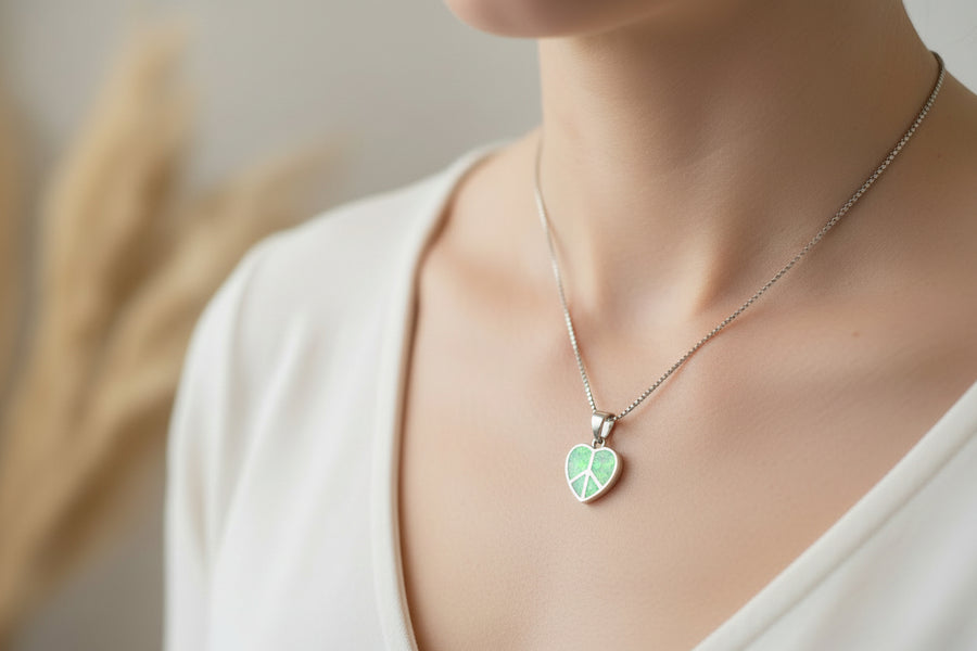 Peace Sign Necklace, Opal Jewelry, Heart Pendant, Hippie Jewelry, Yoga Gift, Sister Gift, Girlfriend Gift, Graduation Gift, October Birthday