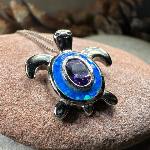 Load image into Gallery viewer, Turtle Necklace, Blue Opal Pendant, Beach Jewelry, Graduation Gift, Anniversary Gift, Sea Turtle Necklace, Mom Gift, Amethyst Jewelry
