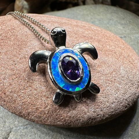 Load image into Gallery viewer, Turtle Necklace, Blue Opal Pendant, Beach Jewelry, Graduation Gift, Anniversary Gift, Sea Turtle Necklace, Mom Gift, Amethyst Jewelry
