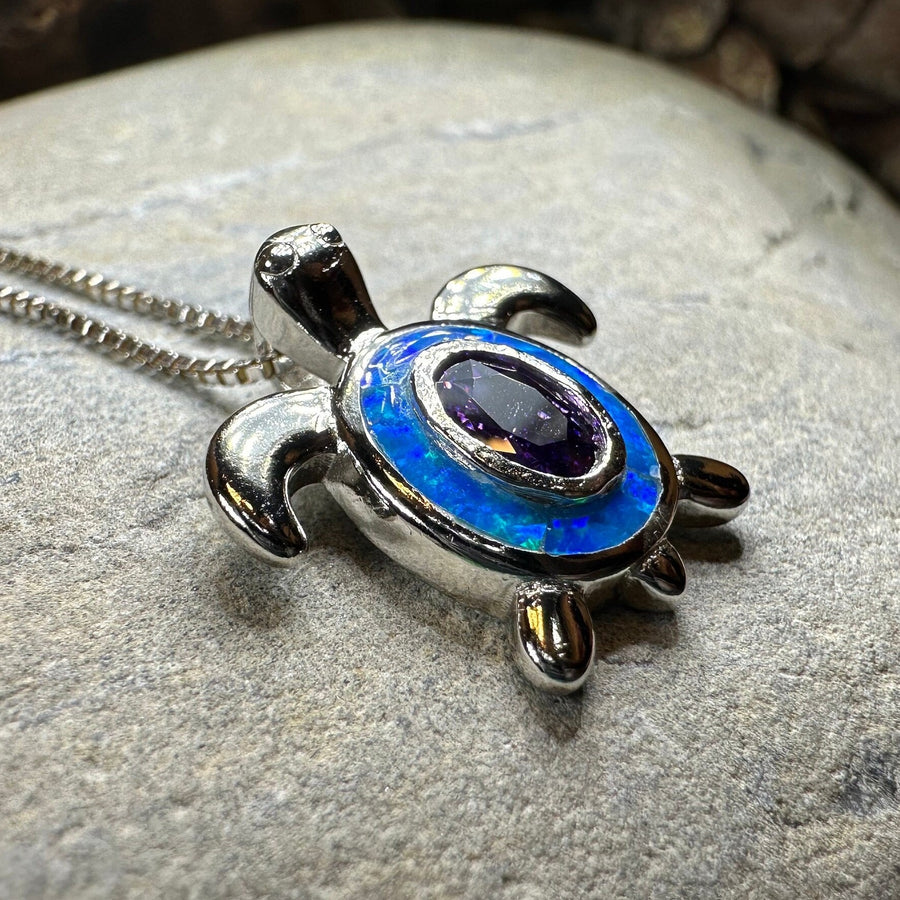 Turtle Necklace, Blue Opal Pendant, Beach Jewelry, Graduation Gift, Anniversary Gift, Sea Turtle Necklace, Mom Gift, Amethyst Jewelry